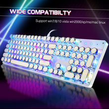 Load image into Gallery viewer, Close-up of typewriter-style gaming keyboard with colorful LED backlighting