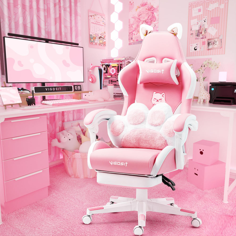 Vigosit pink gaming chair with cat ears, paw-shaped lumbar pillow, and ergonomic recline