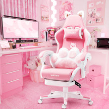 Charger l'image dans la galerie, Vigosit pink gaming chair with cat ears, paw-shaped lumbar pillow, and ergonomic recline