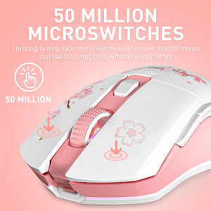 DAREU pink gaming mouse designed with high-durability 50M click micro switches for long-lasting gaming performance