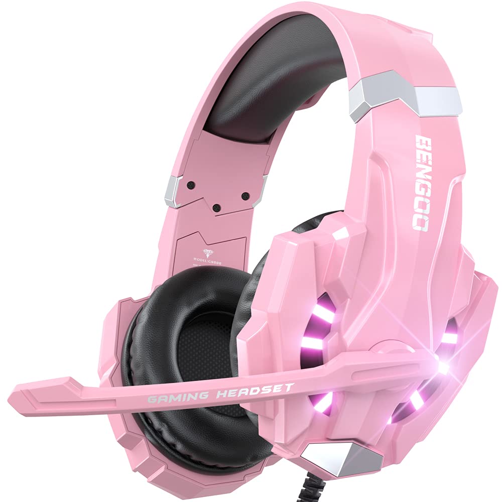 BENGOO G9000 pink gaming headset with noise-canceling mic and LED lights