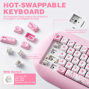 YUNZII C68 Wireless Mechanical Keyboard, 65% Gaming Keyboard Hot Swap,Triple Mode BT5.0/2.4G/Wired, RGB Backlit NKRO,Cute Cat Silicone Ergonomic Keyboard for Win/Mac(Milk Switch,Pink)