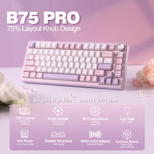 Load image into Gallery viewer, YUNZII B75 PRO Wireless Mechanical Keyboard,75% Gaming Keyboard Gasket Hot Swap Custom Keyboard with Knob,Pre-lubed Switches RGB,Bluetooth/Type-C/2.4G Creamy Keyboard(Cocoa Cream V2 Switch,Purple)
