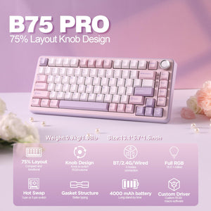 YUNZII B75 PRO Wireless Mechanical Keyboard,75% Gaming Keyboard Gasket Hot Swap Custom Keyboard with Knob,Pre-lubed Switches RGB,Bluetooth/Type-C/2.4G Creamy Keyboard(Cocoa Cream V2 Switch,Purple)