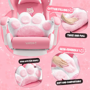 Vigosit Pink Gaming Chair with Cat Paw Lumbar Cushion and Cat Ears, Ergonomic Computer Chair with Footrest, Reclining PC Game Chair for Girl, Teen