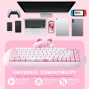 YUNZII C68 Wireless Mechanical Keyboard, 65% Gaming Keyboard Hot Swap,Triple Mode BT5.0/2.4G/Wired, RGB Backlit NKRO,Cute Cat Silicone Ergonomic Keyboard for Win/Mac(Milk Switch,Pink)