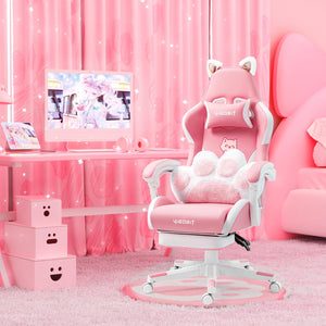 Vigosit Pink Gaming Chair with Cat Paw Lumbar Cushion and Cat Ears, Ergonomic Computer Chair with Footrest, Reclining PC Game Chair for Girl, Teen