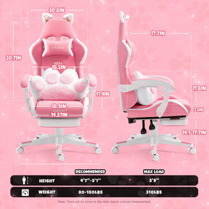 Vigosit Pink Gaming Chair with Cat Paw Lumbar Cushion and Cat Ears, Ergonomic Computer Chair with Footrest, Reclining PC Game Chair for Girl, Teen