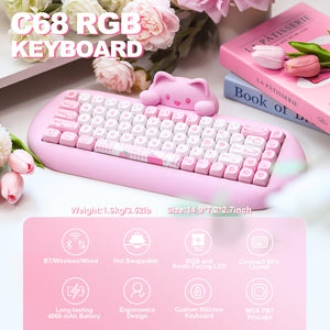 YUNZII C68 Wireless Mechanical Keyboard, 65% Gaming Keyboard Hot Swap,Triple Mode BT5.0/2.4G/Wired, RGB Backlit NKRO,Cute Cat Silicone Ergonomic Keyboard for Win/Mac(Milk Switch,Pink)