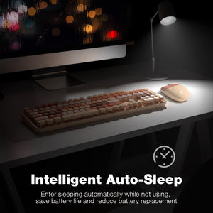 MOFII Milk Tea wireless keyboard and mouse featuring auto-sleep mode to save battery life