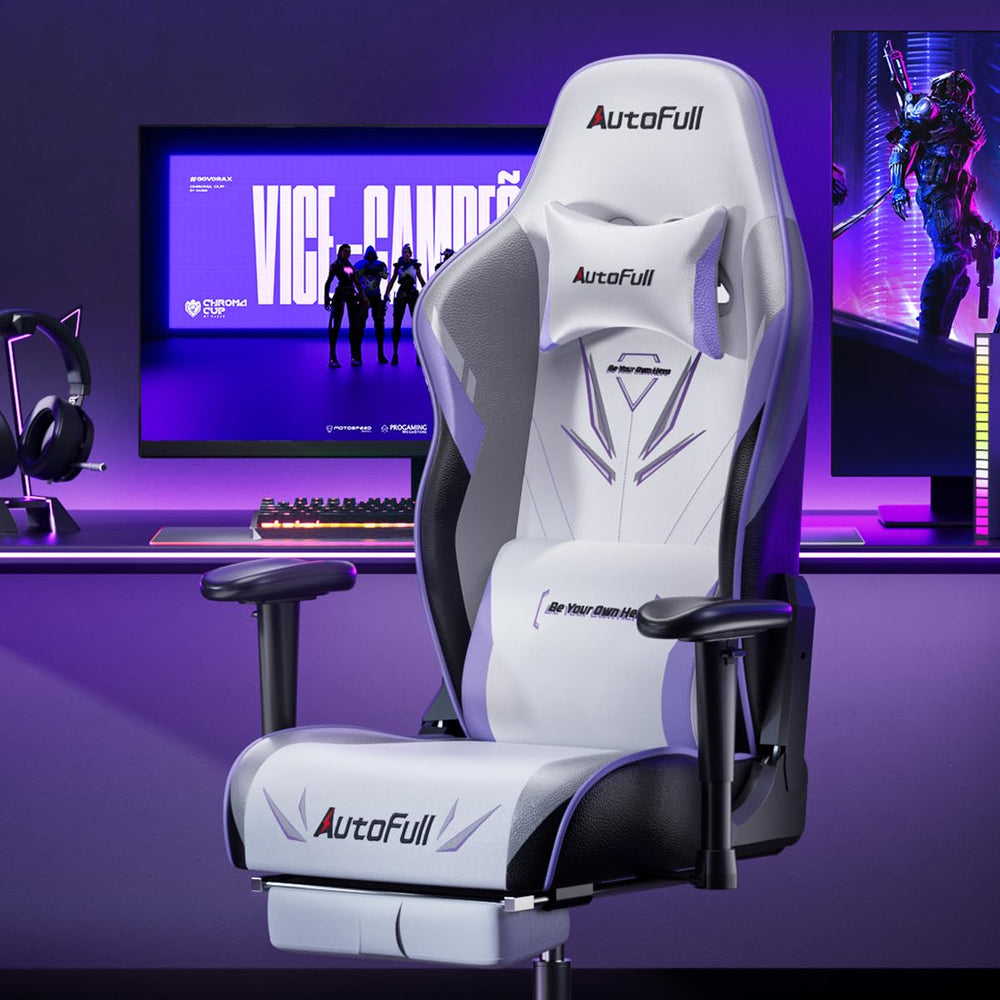 AutoFull ergonomic white gaming chair with 160° recline, footrest, and ultra-soft padding