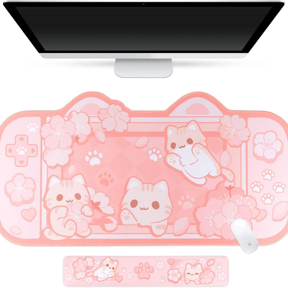 BelugaDesign pink desk mat featuring an adorable anime cat with cherry blossoms.