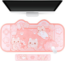 Charger l&#39;image dans la galerie, BelugaDesign pink desk mat featuring an adorable anime cat with cherry blossoms.
