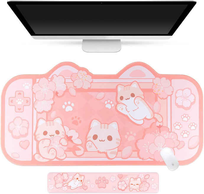 BelugaDesign pink desk mat featuring an adorable anime cat with cherry blossoms.