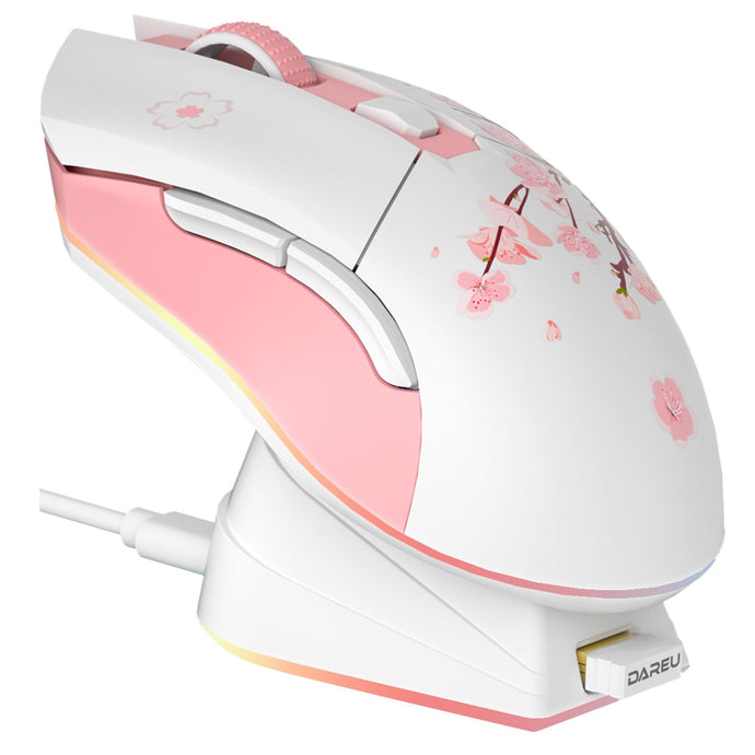 DAREU Sakura Pink wireless gaming mouse with fast magnetic charging dock for seamless charging