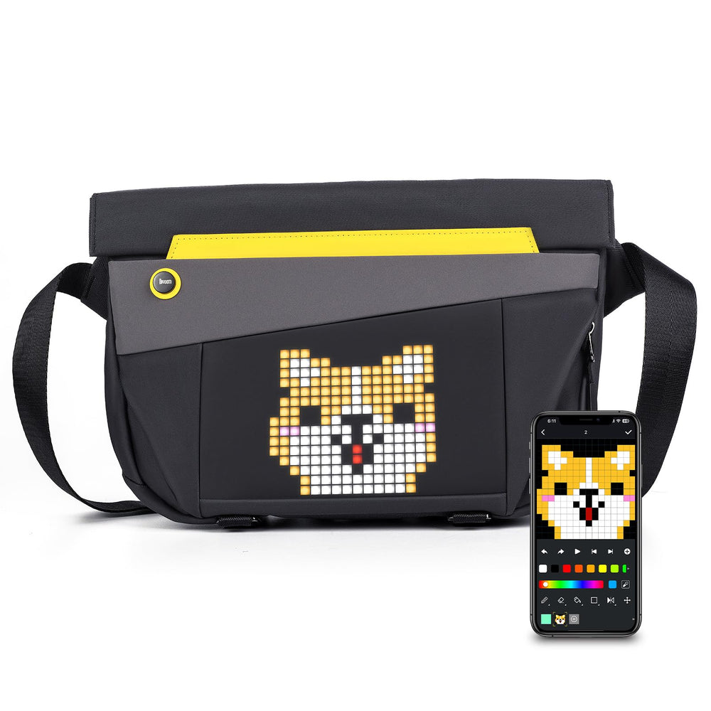 Divoom Pixel Sling Bag in black with a built-in 16x16 RGB LED display for custom pixel art