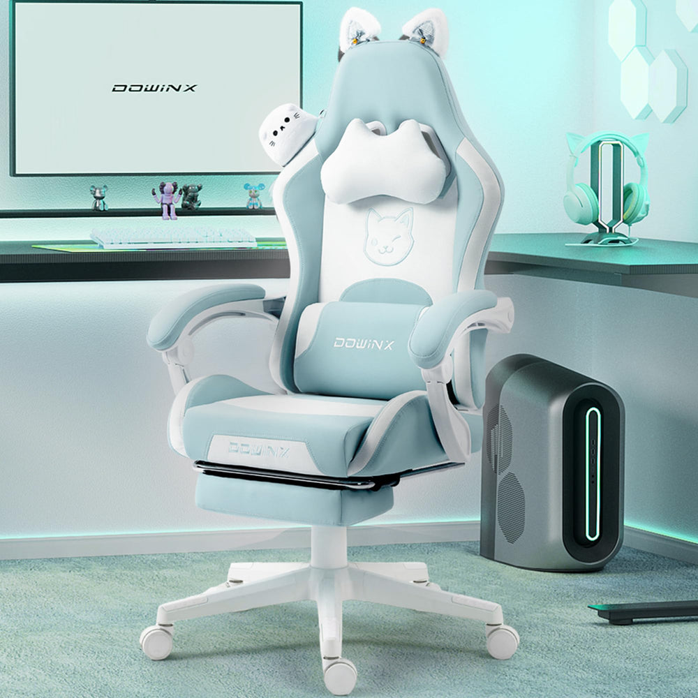 Dowinx blue gaming chair with removable cat ears, a cat-shaped headrest, and ergonomic design.