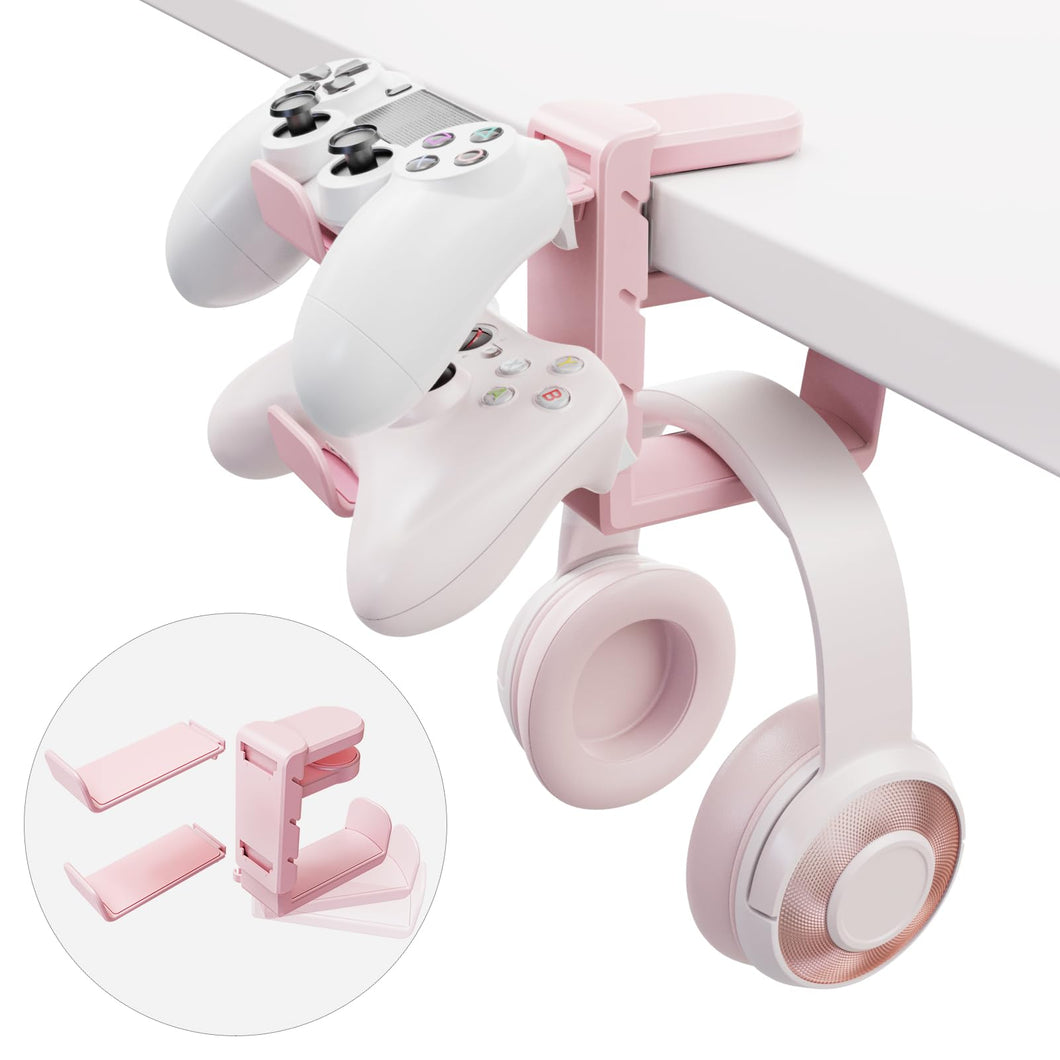 EURPMASK pink gaming stand holding two controllers and a headset with a desk clamp attachment