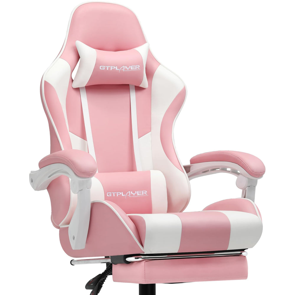 GTPLAYER pink gaming chair featuring a pull-out footrest and USB-powered massaging lumbar support