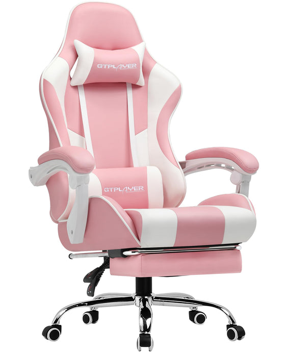 GTPLAYER pink gaming chair featuring a pull-out footrest and USB-powered massaging lumbar support
