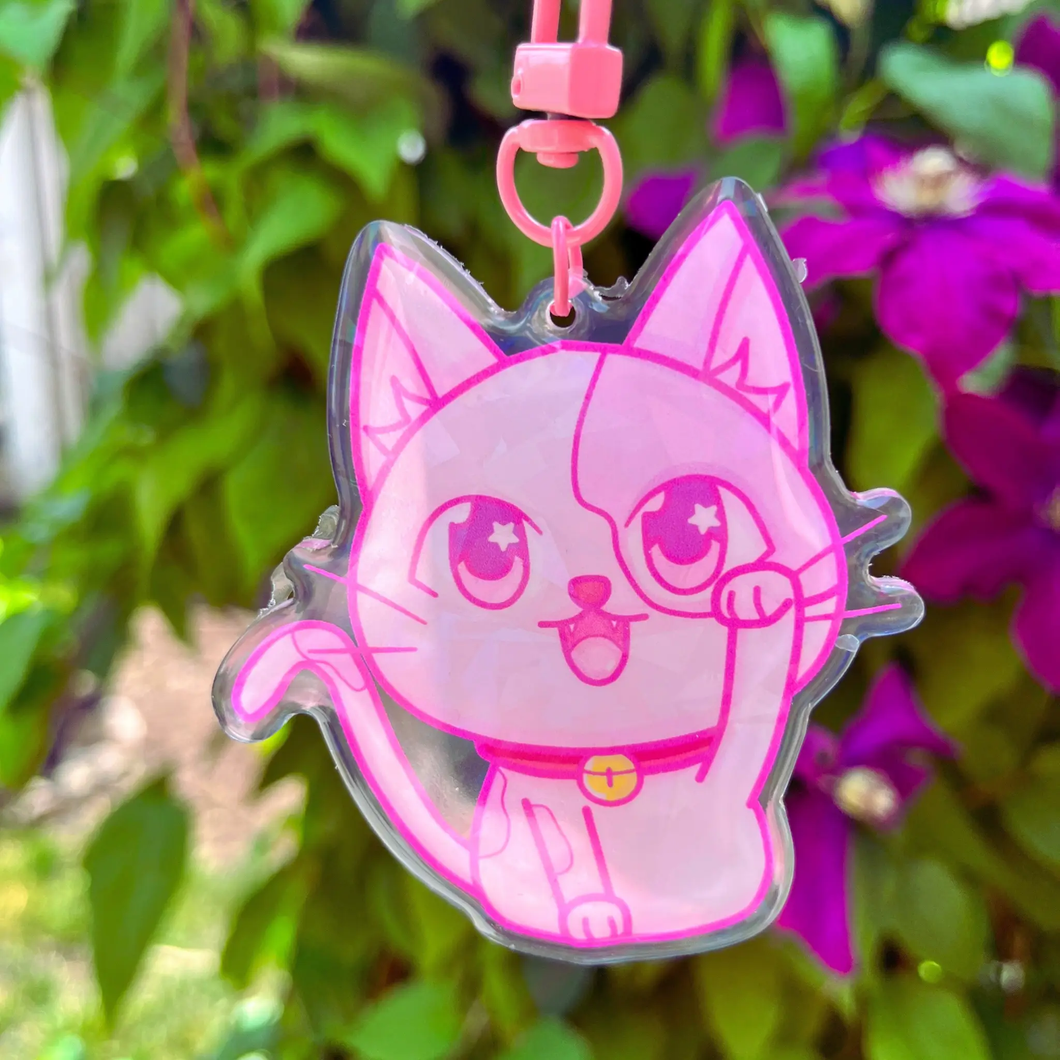 Glimmer Whiskers Pink Kitty Epoxy Holographic Keychain - Xiola Shop