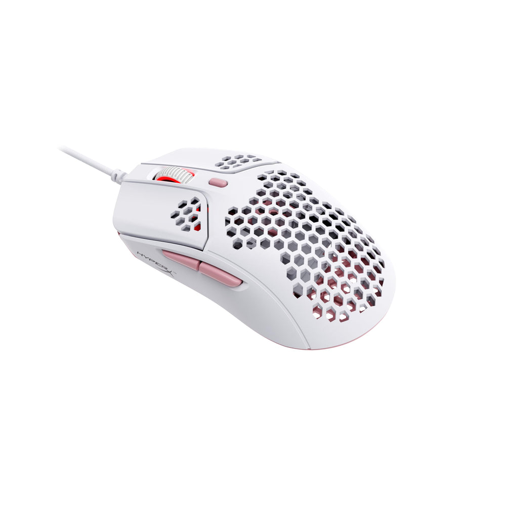 HyperX Pulsefire Haste gaming mouse in white and pink, featuring an ultra-light honeycomb shell design