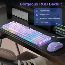 Charger l&#39;image dans la galerie, MageGee K1 gaming keyboard and mouse placed in a cozy, aesthetic gaming setup
