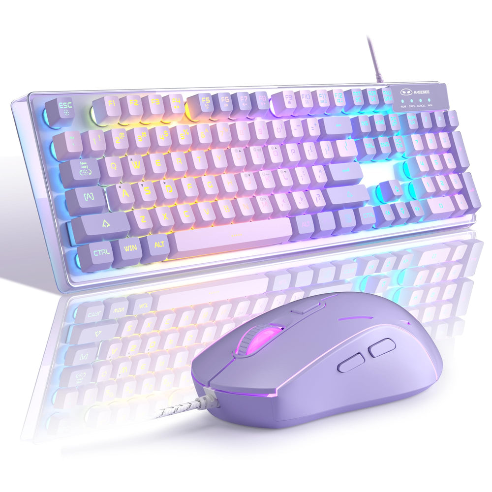 MageGee K1 Violet full-size gaming keyboard featuring 104 keys and vibrant RGB backlighting