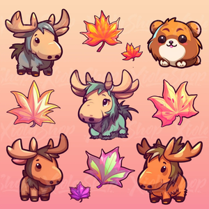 Digital stickers featuring a majestic moose surrounded by vibrant maple leaves, perfect for GoodNotes