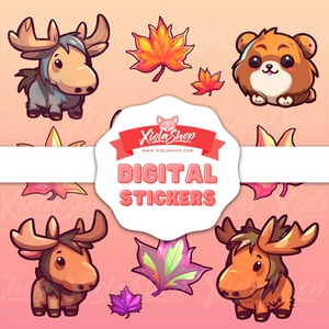 GoodNotes-ready digital stickers with a beautifully designed moose and colorful maple leaves