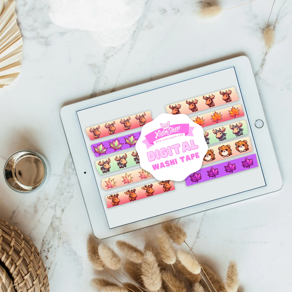 10-set digital washi tape featuring moose and maple leaf patterns