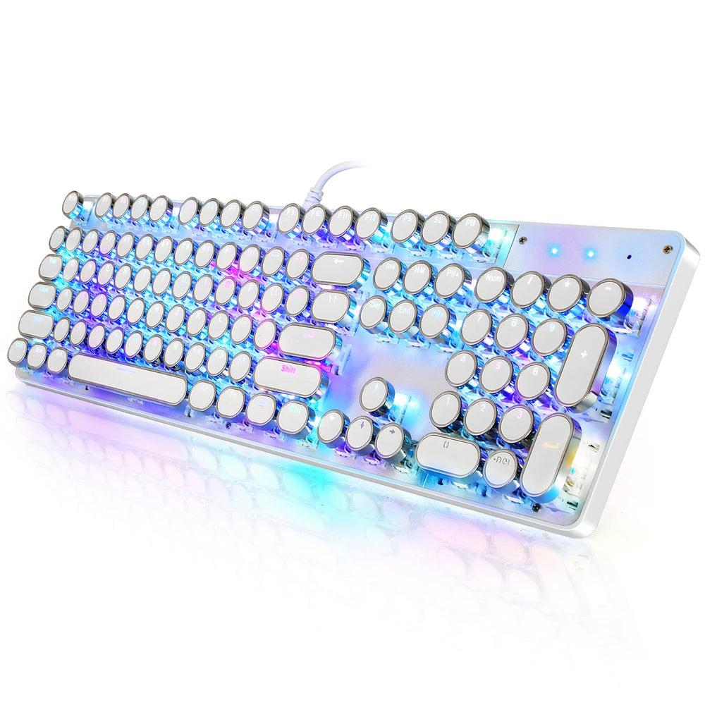 YSCP retro typewriter gaming keyboard with RGB lighting on a white desk