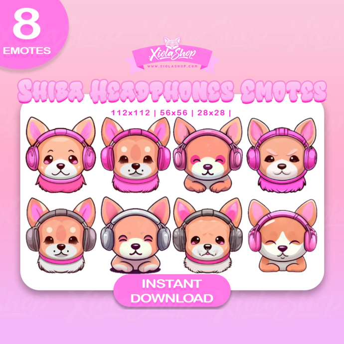 Adorable Shiba Inu wearing headphones Twitch emotes pack