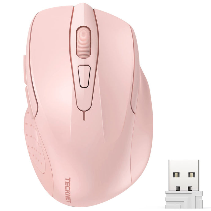 TECKNET pink wireless mouse featuring an ergonomic design and ultra-lightweight portability