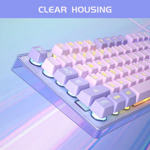 MageGee K1 Violet gaming keyboard displaying its vibrant LED backlighting from a top-down perspective