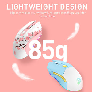 A top-down view of the DAREU Sakura Pink gaming mouse showing the sleek, no-hole lightweight design