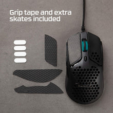 Load image into Gallery viewer, White and pink HyperX Pulsefire Haste gaming mouse viewed from above, showing button placement and honeycomb shell
