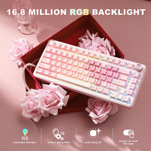 YUNZII B75 PRO pink keyboard offering tri-mode connectivity: Bluetooth, 2.4GHz wireless, and USB-C wired