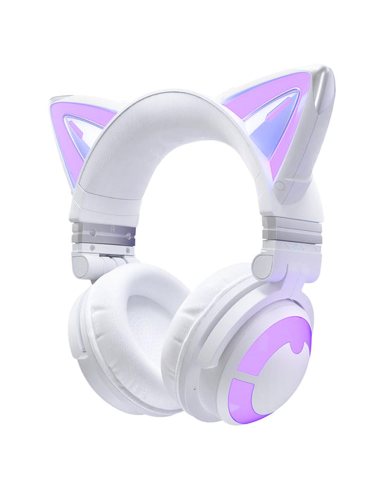YOWU CE Cat Ear Headphones – Wireless Bluetooth 5.2 Gaming Headset with LED Light Ears - White