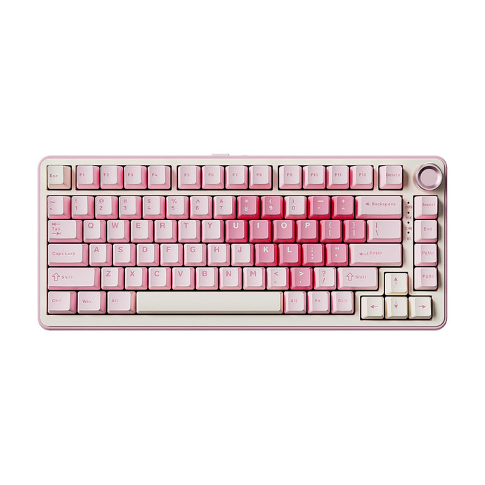 YUNZII B75 PRO pink mechanical keyboard with RGB lighting, a control knob, and tri-mode connectivity