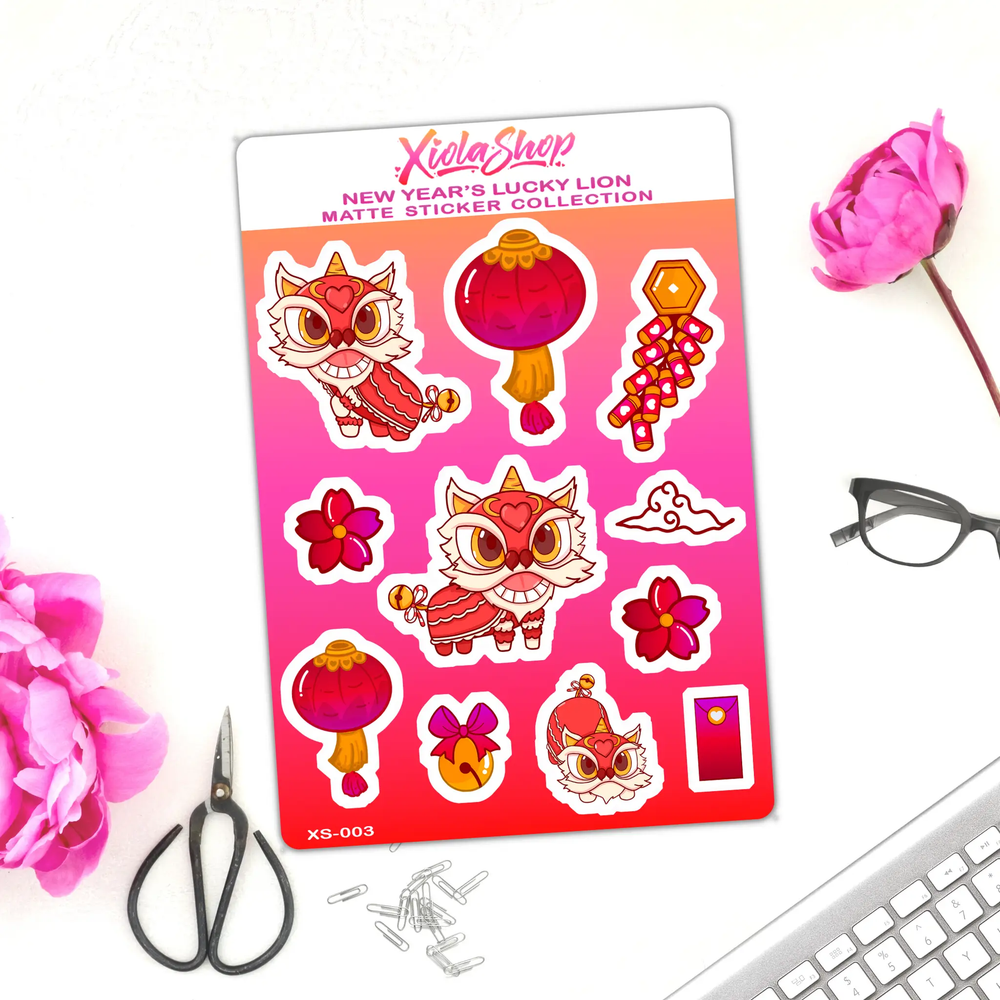 New Year's Lucky Lion Vinyl Sticker Sheet Decorative Stickers Xiola Shop